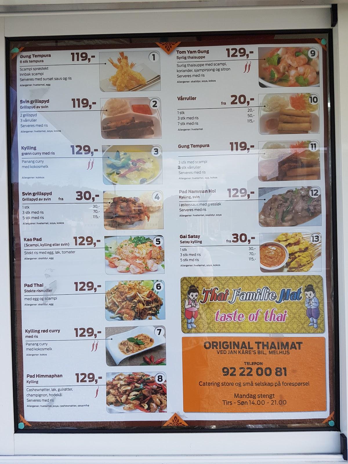 Menu at Thai Familie Mat restaurant, Trondheim