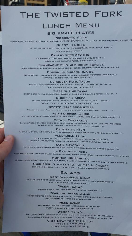 Menu at The Twisted Fork restaurant, Reno