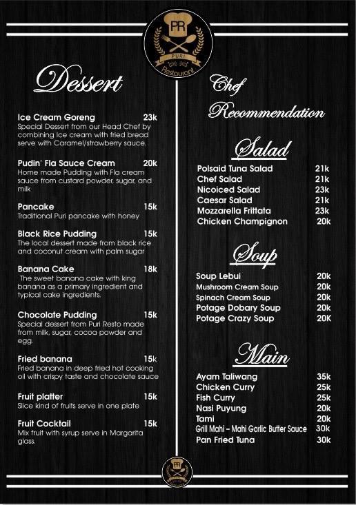 Menu at Puri Cocktail Restaurant, Batu Layar