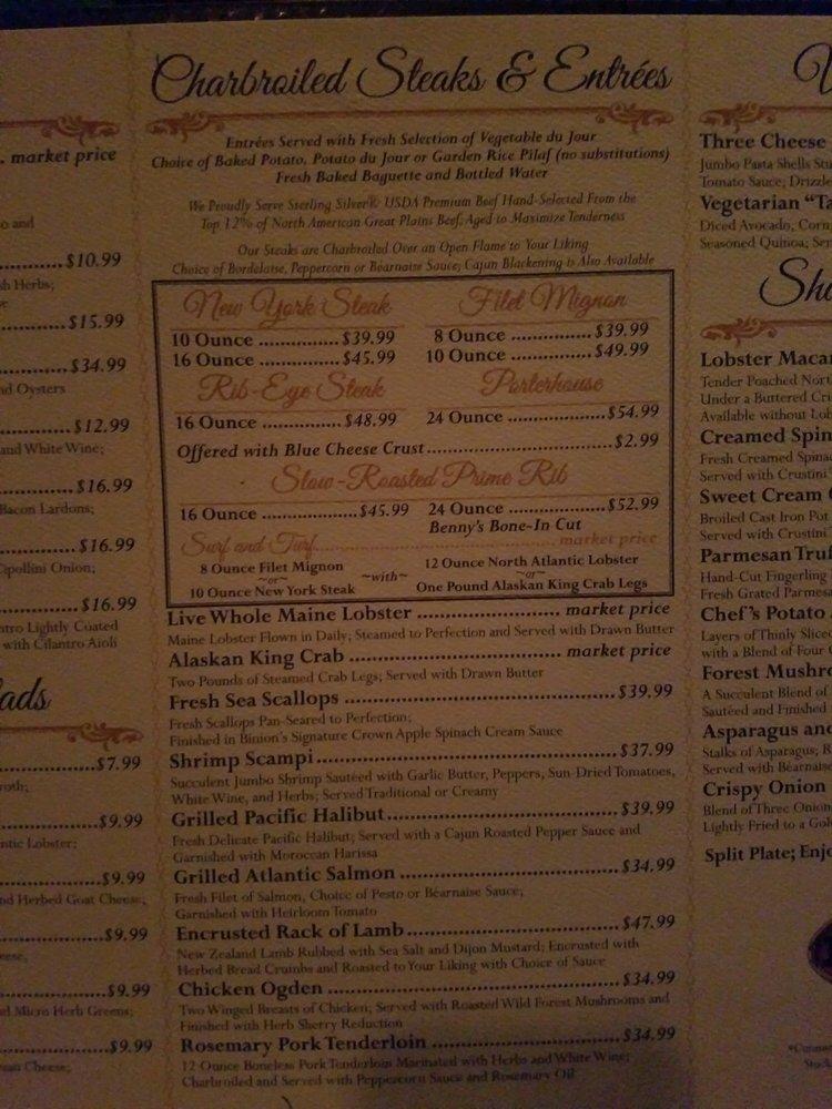 Menu at Top Of Binion's Steakhouse, Las Vegas