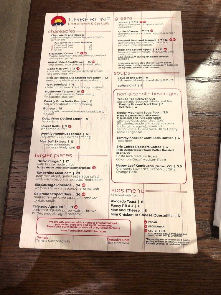 Carta del pub y bar Timberline Craft Kitchen & Cocktails, Silverthorne