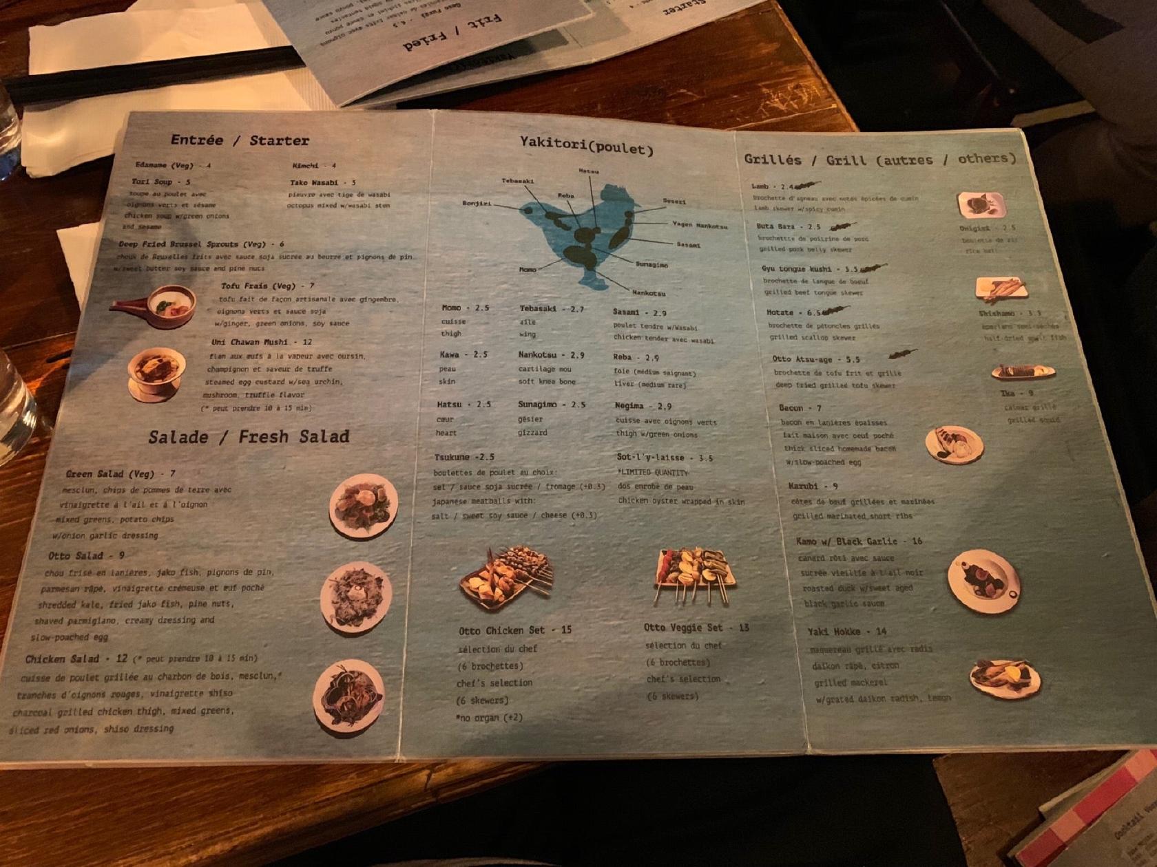 Menu at Otto Yakitori Izakaya restaurant, Montréal