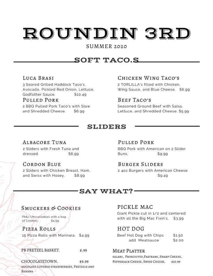 Menu at Roundin Third pub & bar, Elmira