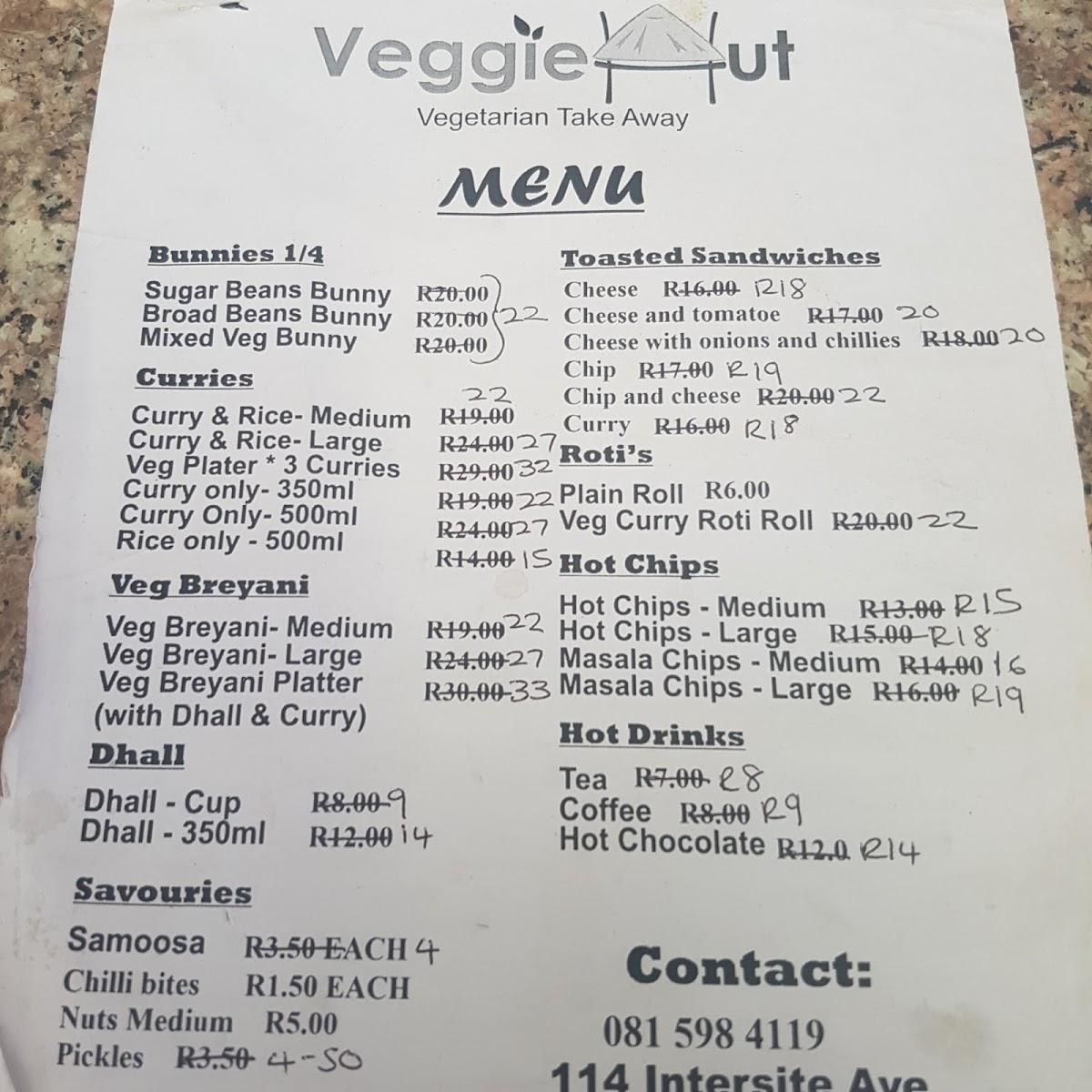 Menu at TSD Veggie Hut restaurant, Durban