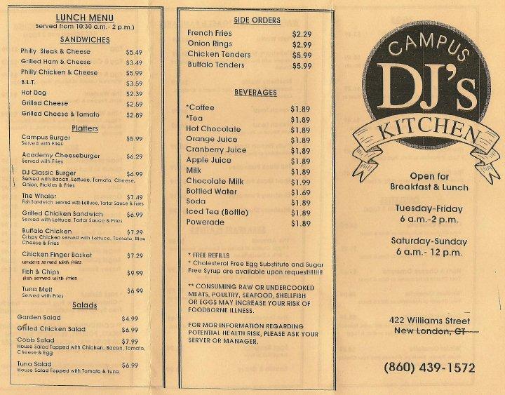 Menu at D J's Campus Kitchen LLC restaurant, New London