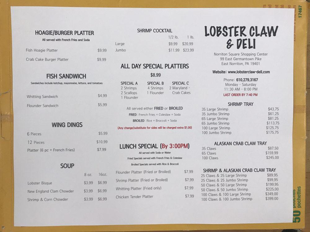 Menu at Lobster Claw & Deli fast food, East Norriton