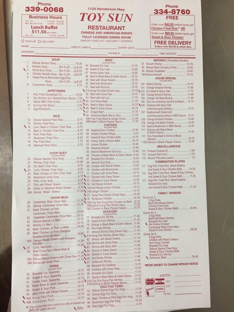 Menu at Toy Sun Restaurant, Winnipeg