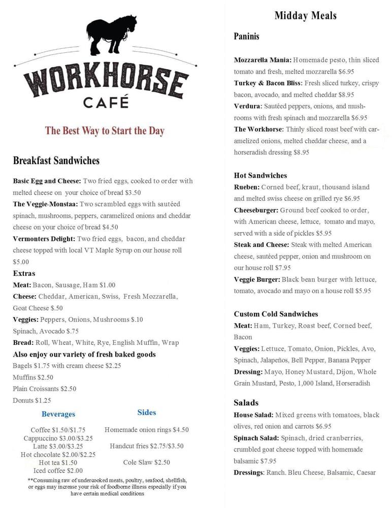 Menu at Workhorse Cafe, Winhall, 59 VT30