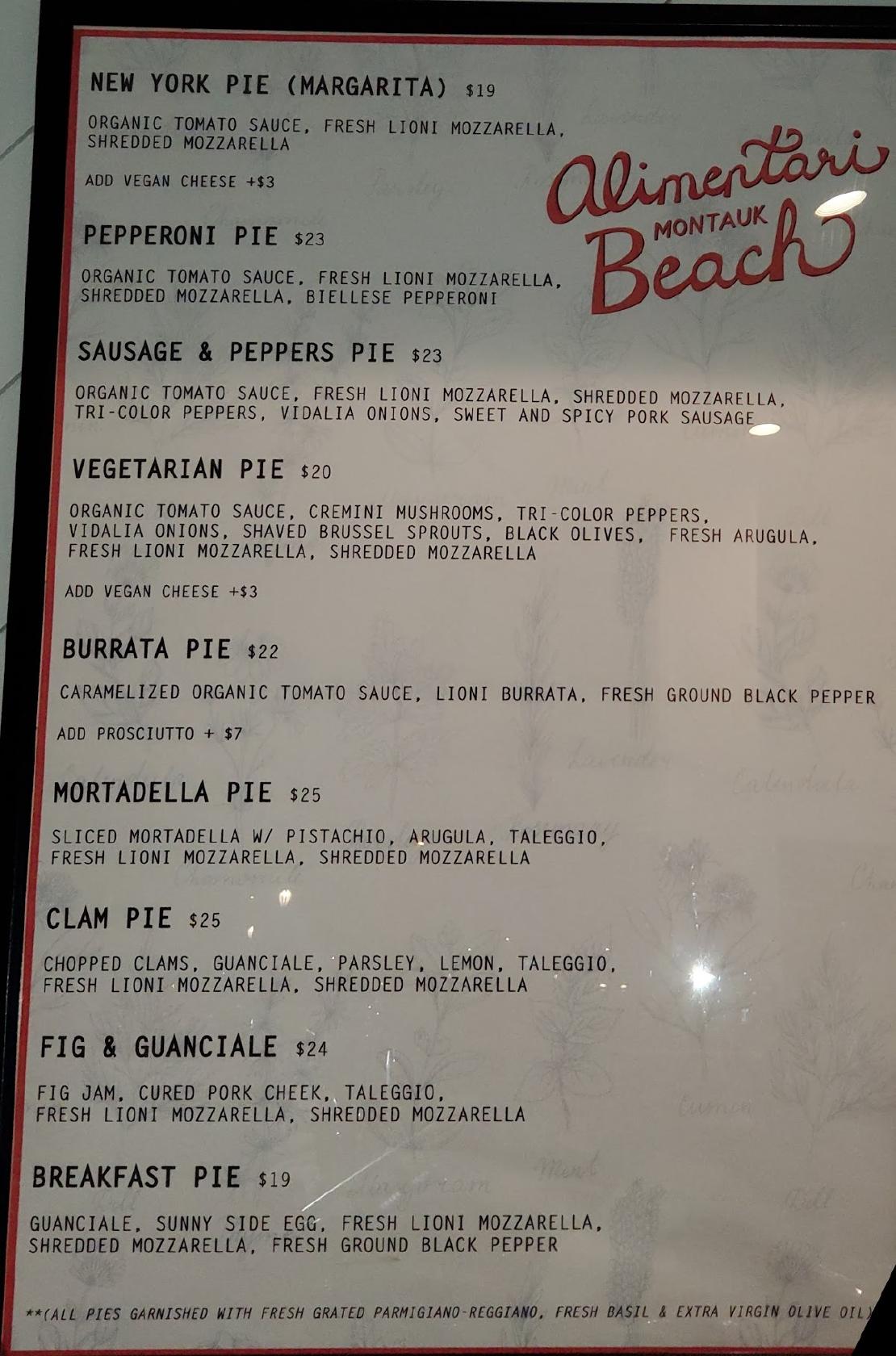 Menu at Alimentari Beach Montauk restaurant, Montauk