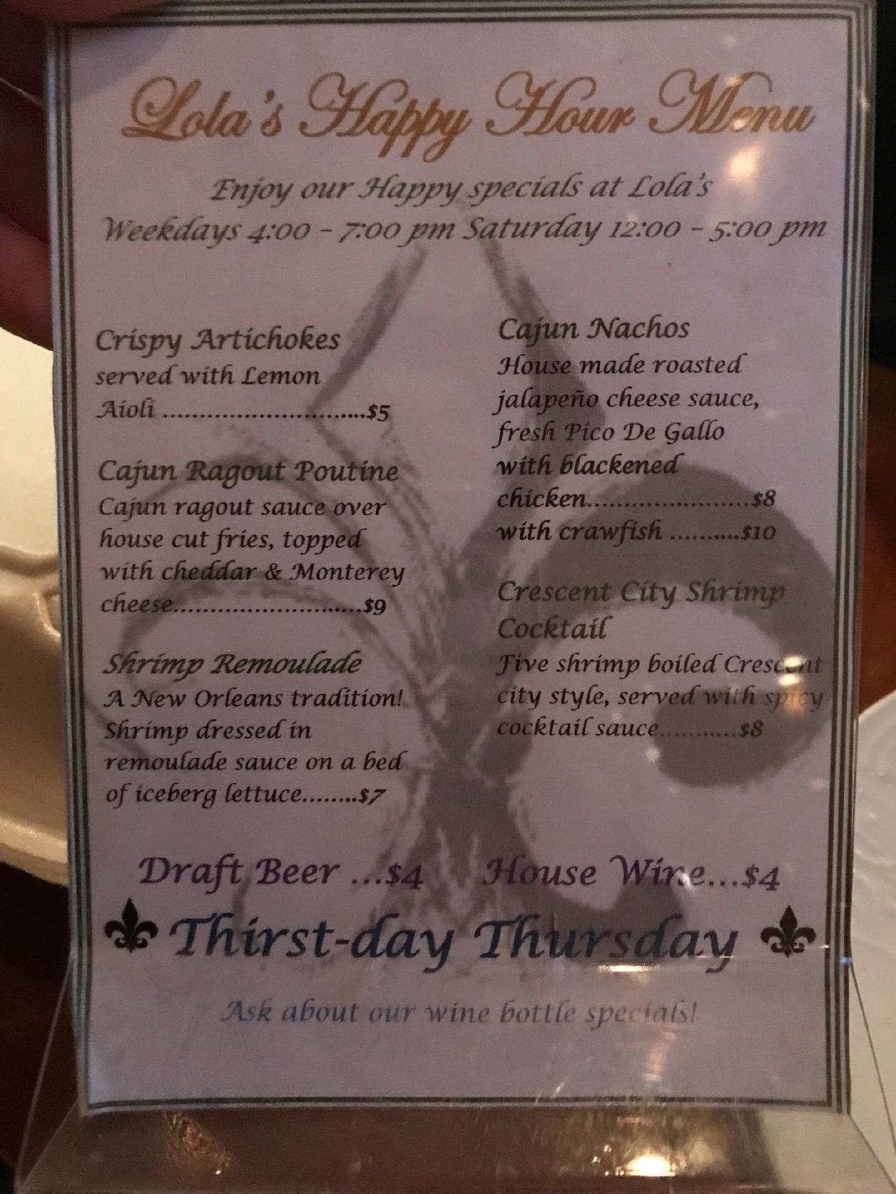 Menu at Lola's restaurant, Las Vegas, 241 W Charleston Blvd