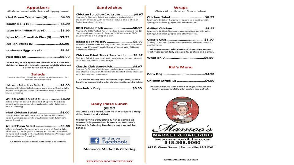 Menu at Mamoo's Market & Catering restaurant, Farmerville
