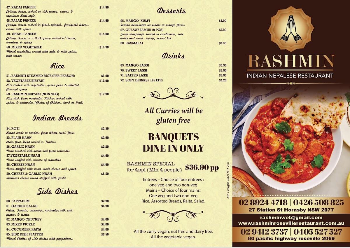 Menu at Rashmin Nepalese Indian Restaurant, Hornsby