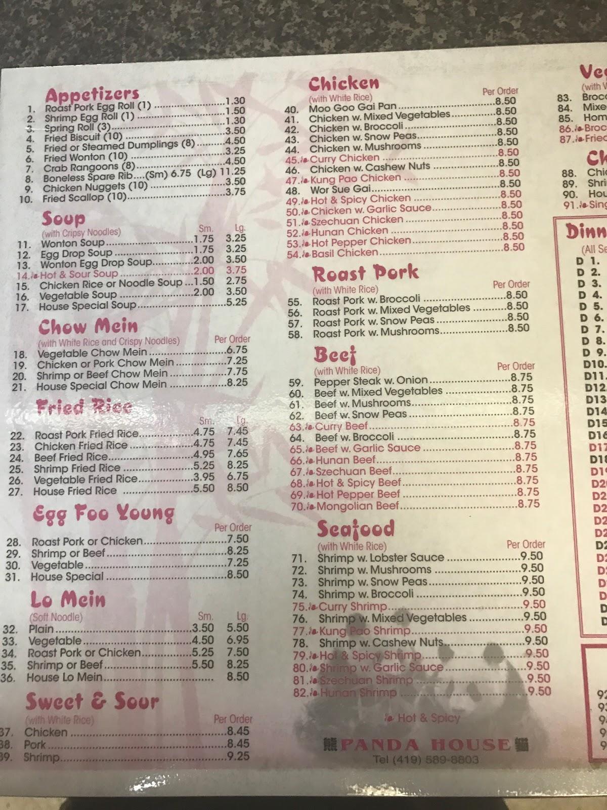 Menu at Panda House restaurant, Mansfield