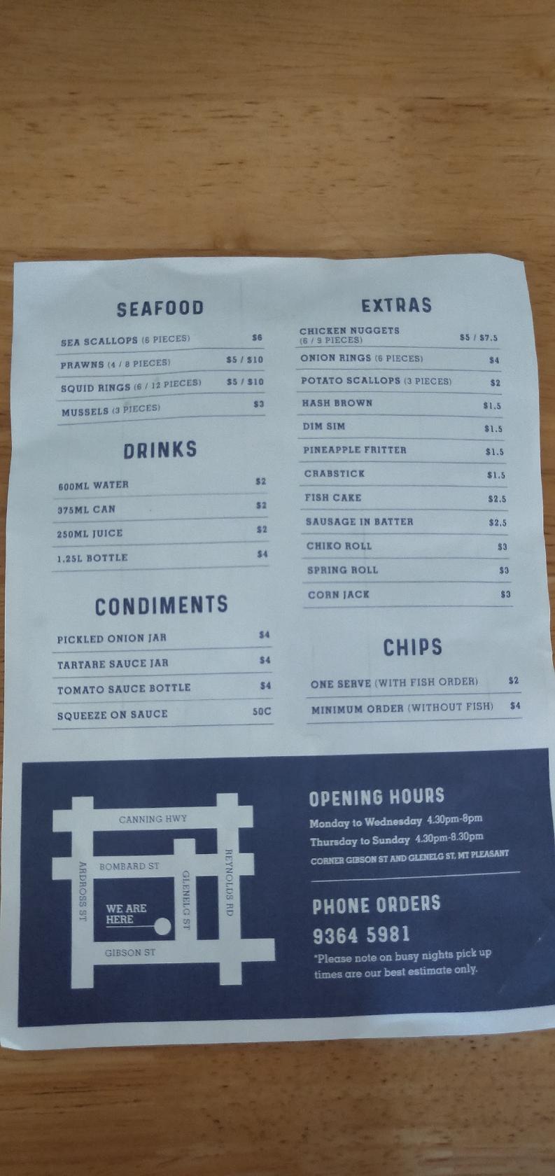 Menu at Mount Pleasant Fish & Chips restaurant, Mount Pleasant