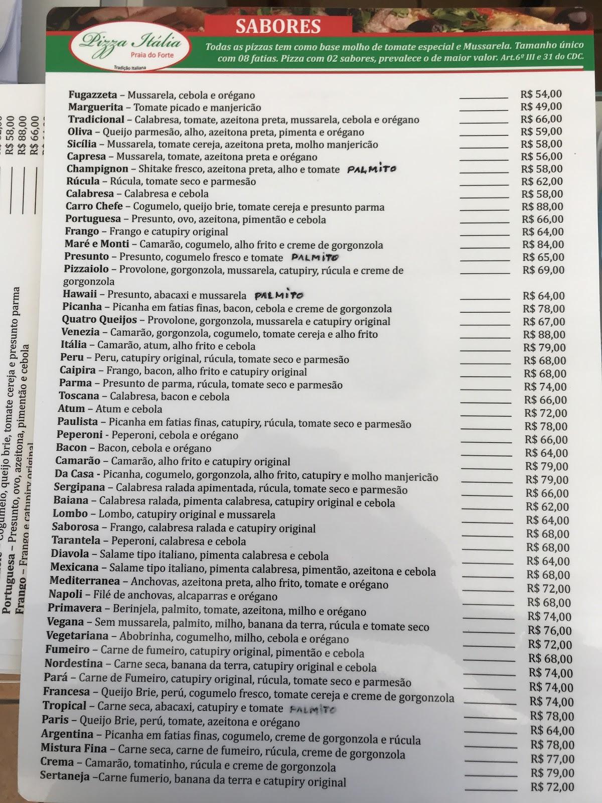 Menu at Pizza Italia restaurant, Praia do Forte