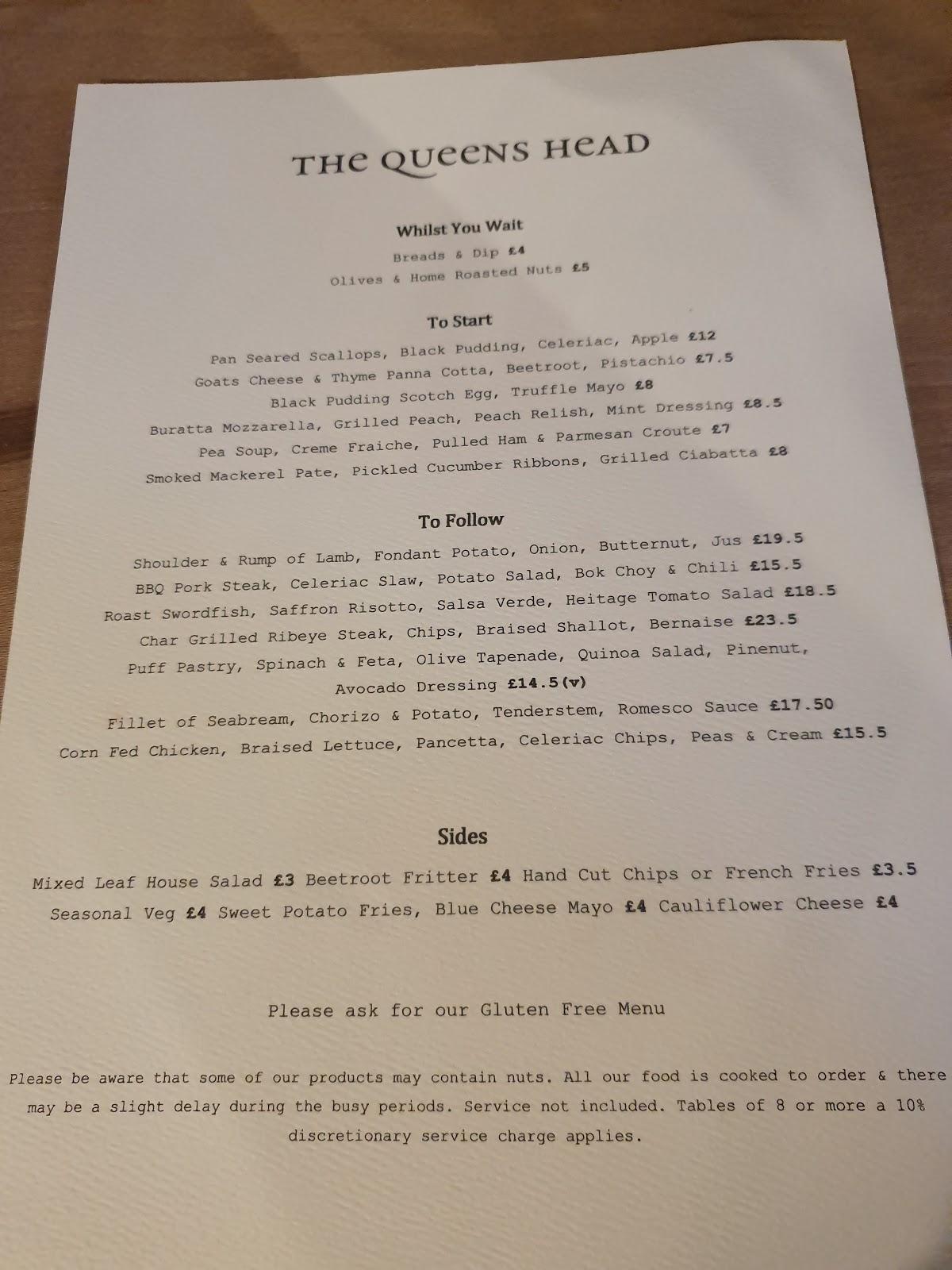 Menu at The Queens Head pub & bar, Marlow, The Queens Head