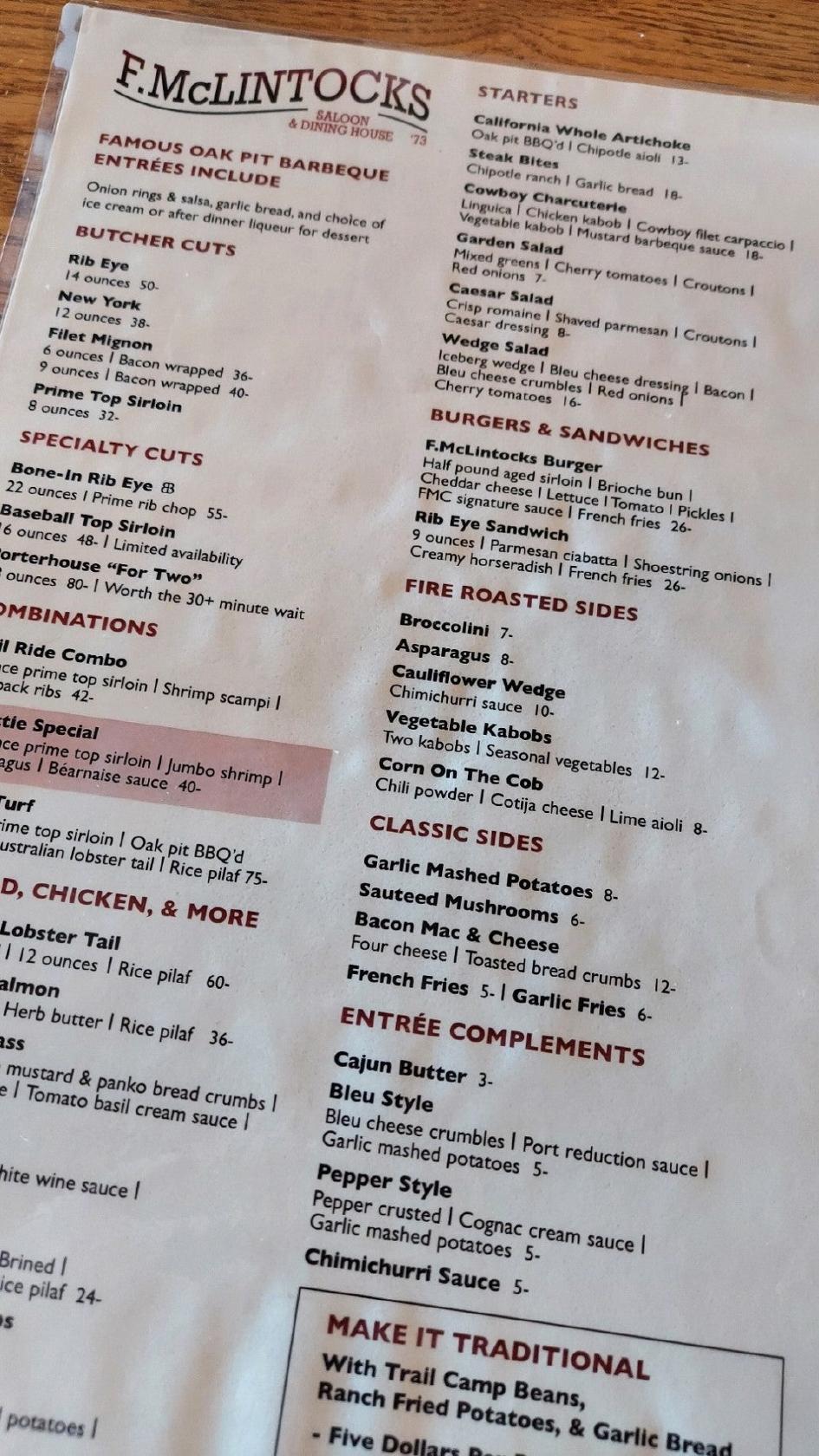 Menu at F. McLintocks Saloon and Dining House BBQ, Pismo Beach
