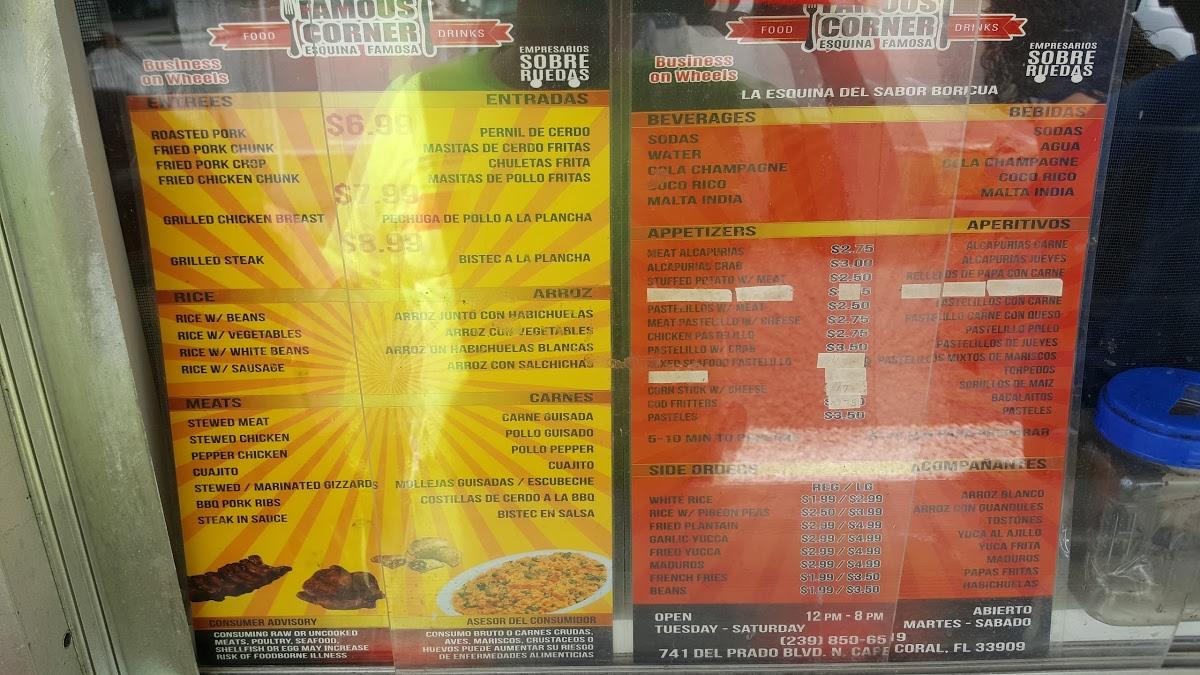 Menu at Famous Corner Flavors of Puerto Rico restaurant, Cape Coral