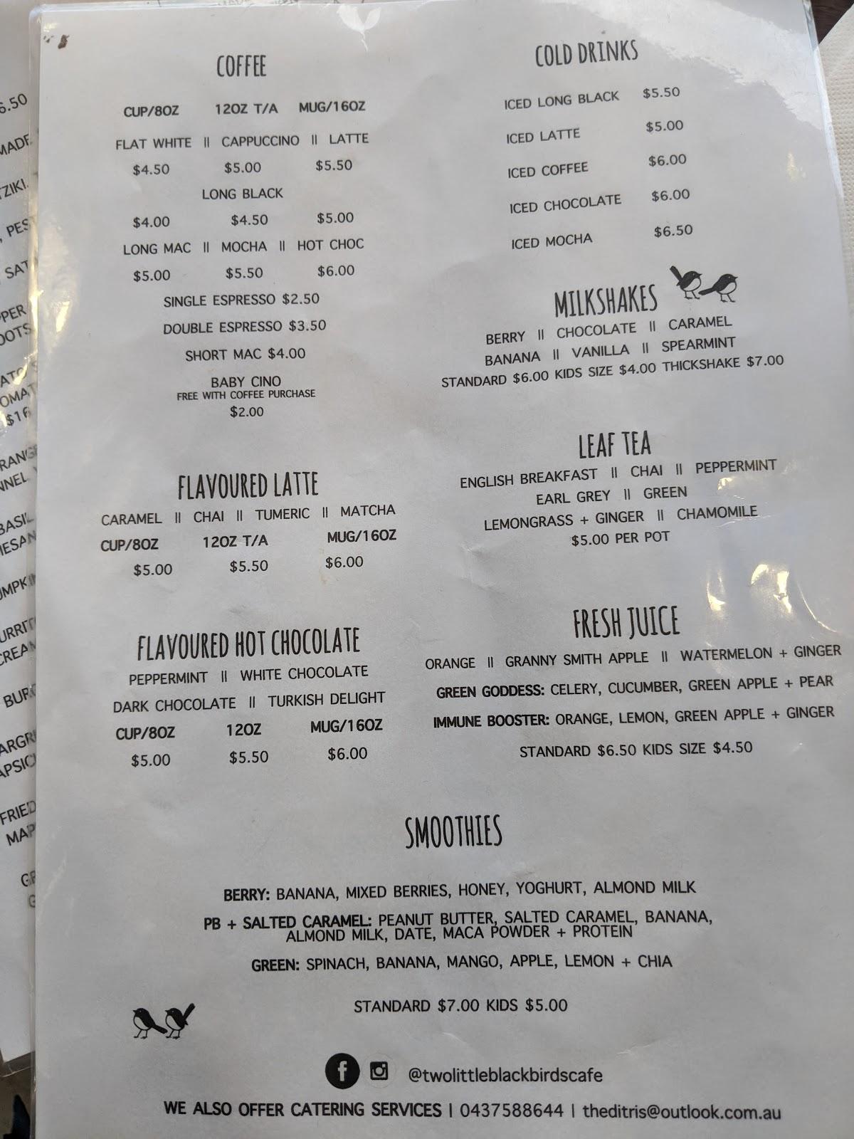 Menu at Two Little Black Birds cafe, Manjimup