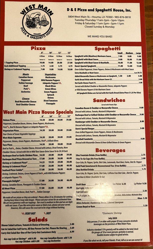 Menu at West Main Pizza & Spaghetti pizzeria, Houma