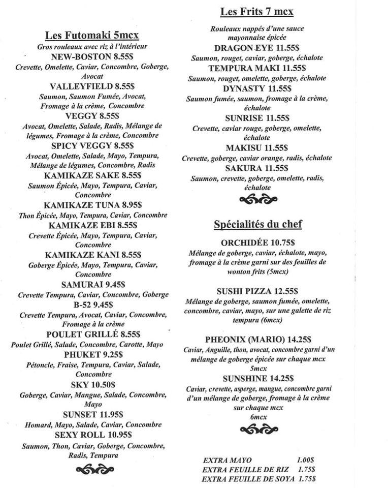 Menu au Chiyo restaurant, SalaberrydeValleyfield