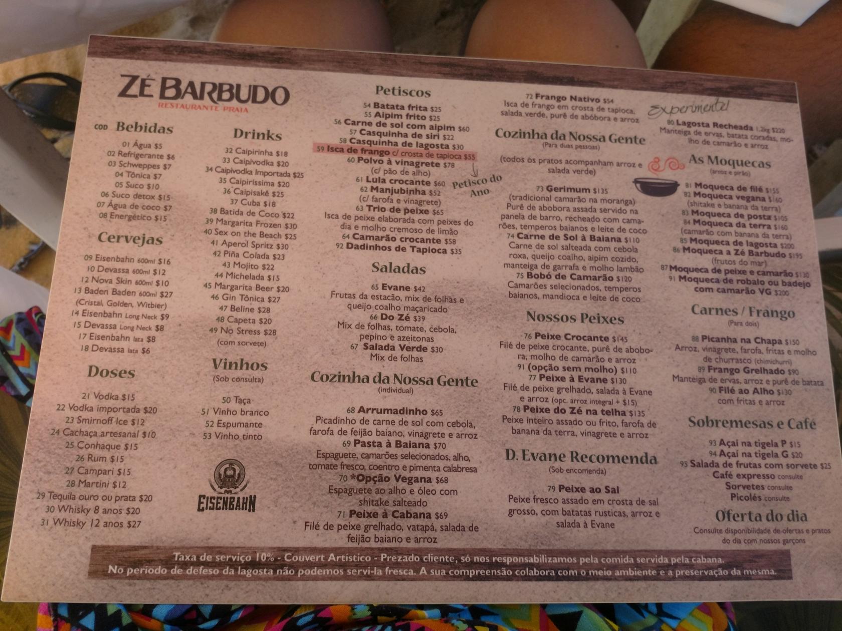 Cabana Zé Barbudo cardápio