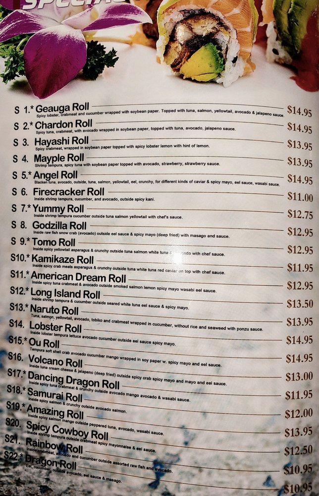 Menu at Hayashi Maple restaurant, Chardon