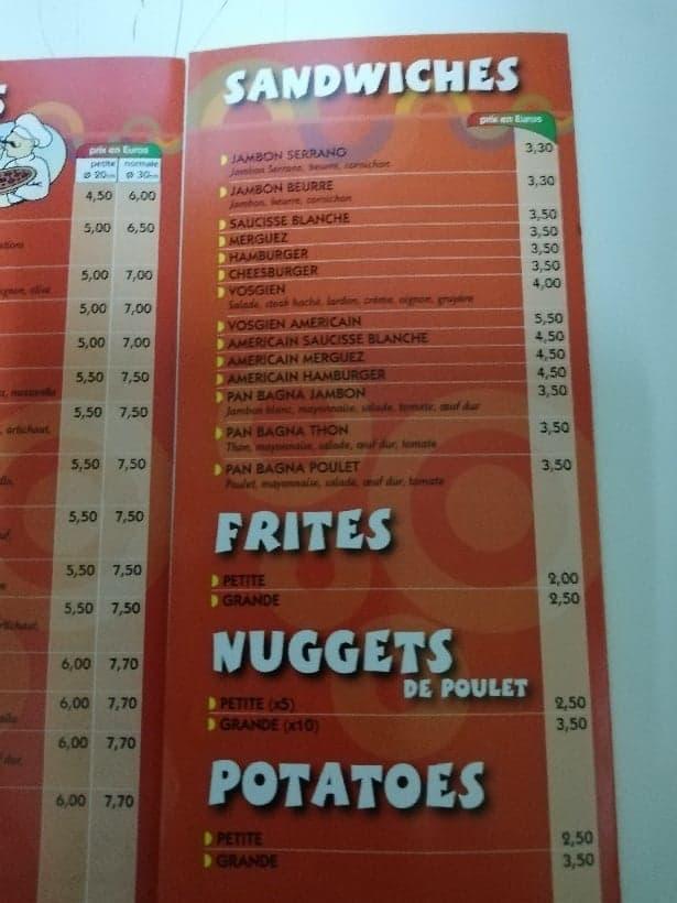Menu at T'chitcho Pizzas pizzeria, Morhange