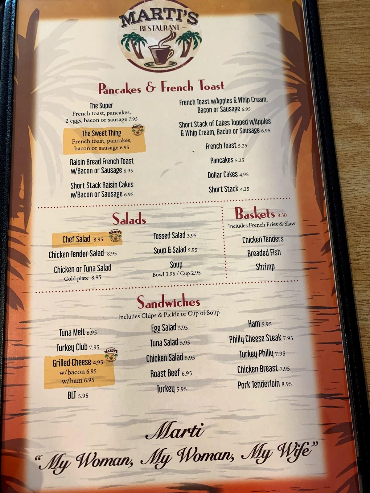 Menu at Marti's Family Dining restaurant, Fort Myers