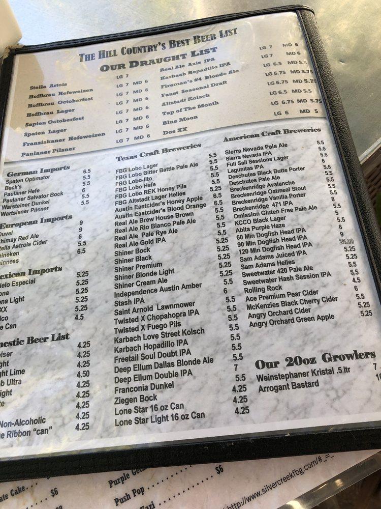 Menu at Silver Creek Beer Garden & Grille pub & bar, Fredericksburg