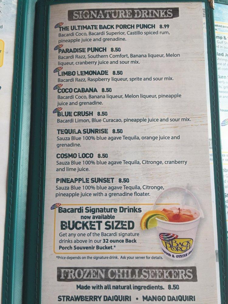 Menu at The Back Porch restaurant, Destin