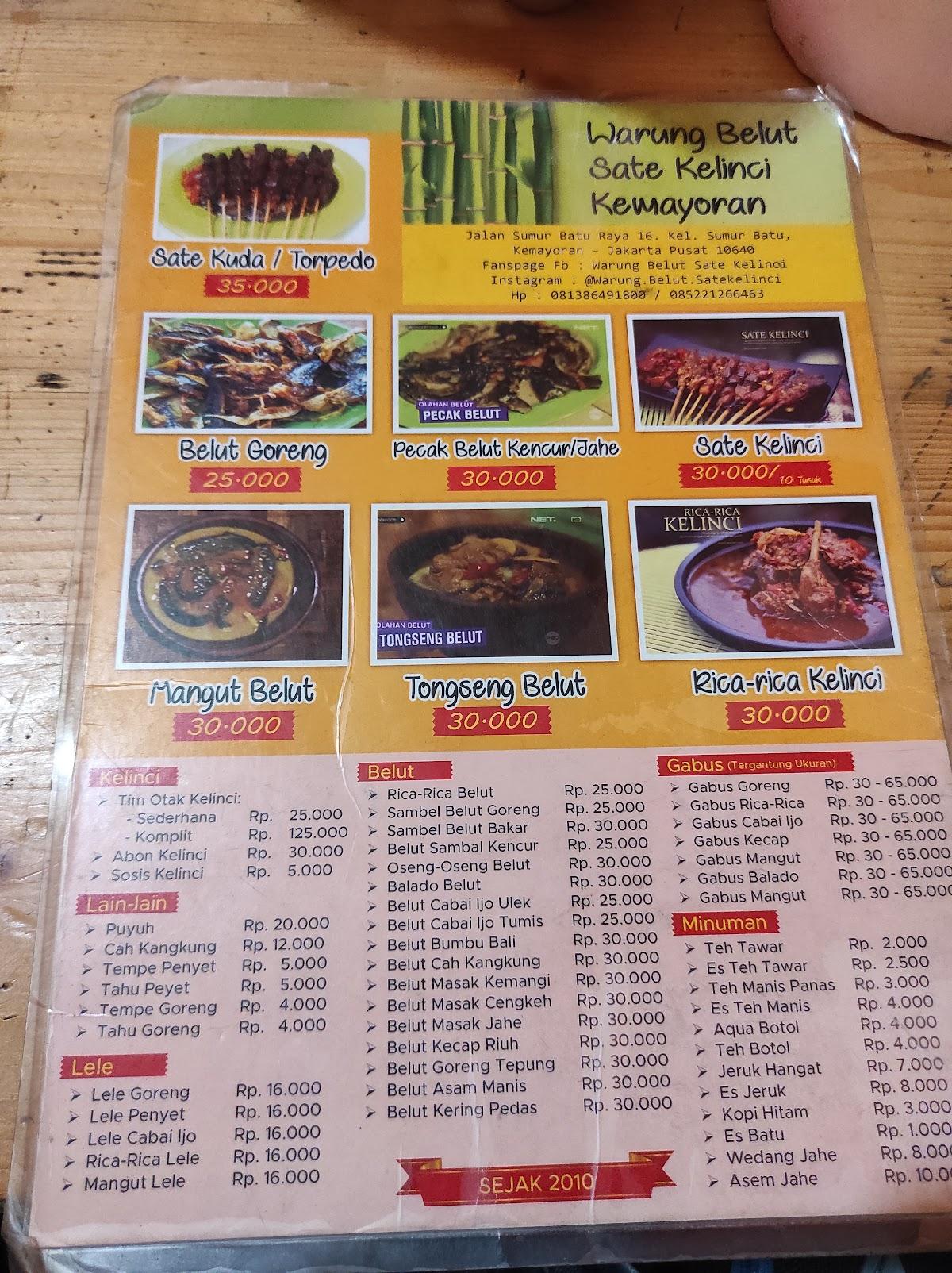 Menu at Warung Belut Sate Kelinci Kemayoran ( Resto Belut Sunadi ...