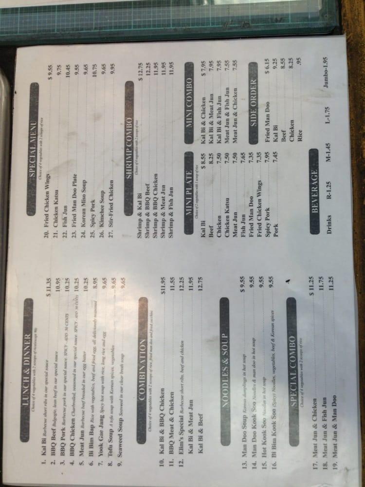 Menu at Elim Korean Barbeque, Ewa Beach