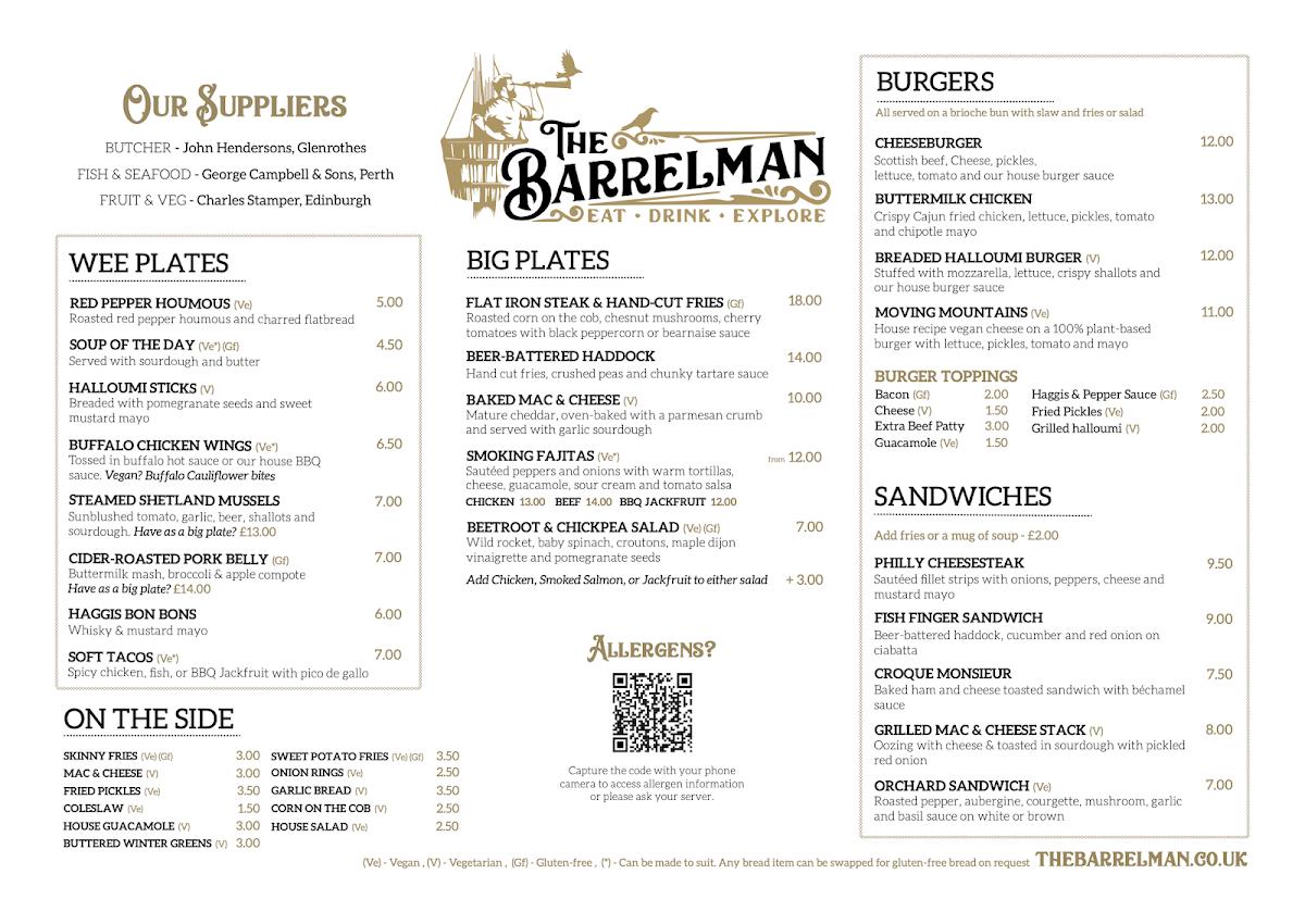 Menu at The Barrelman, Dundee