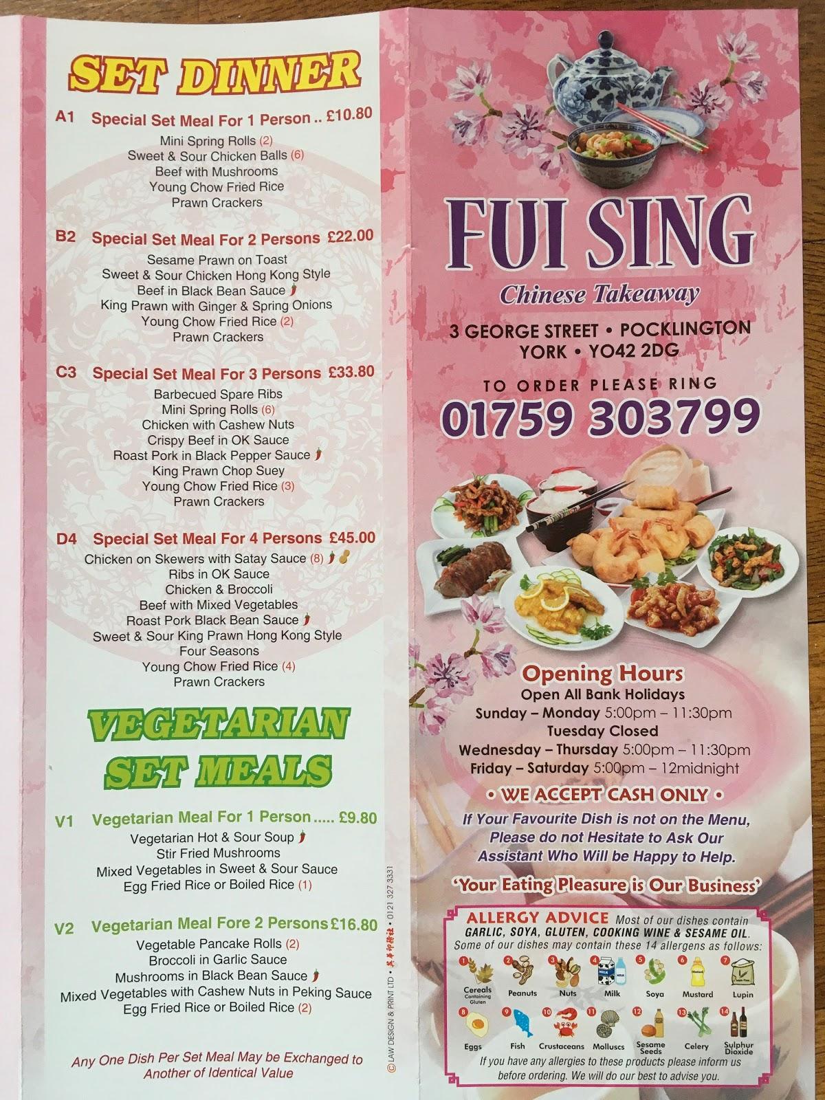 Menu at Fui Sing Chinese Take Away fast food, Pocklington