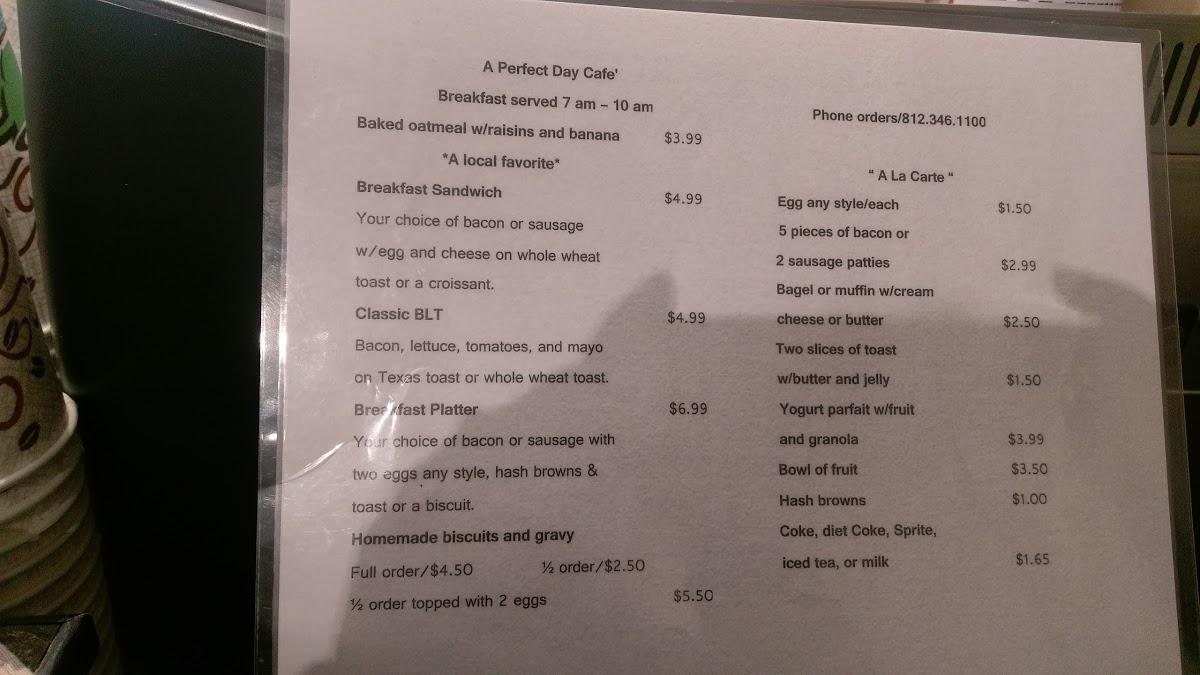 Menu at Perfect Day Cafe, North Vernon