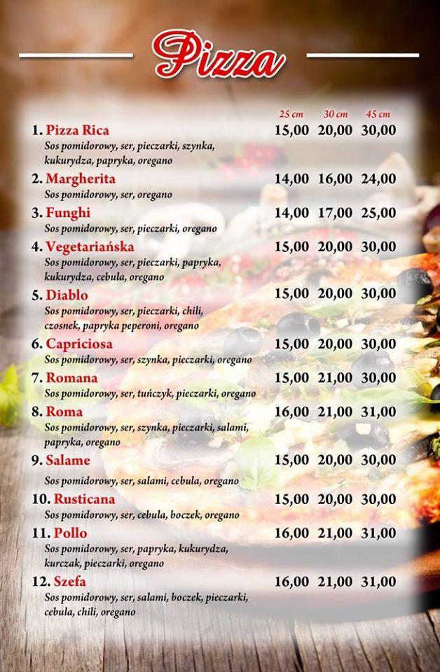 Menu at Pizza Rica restaurant, Lisia Góra