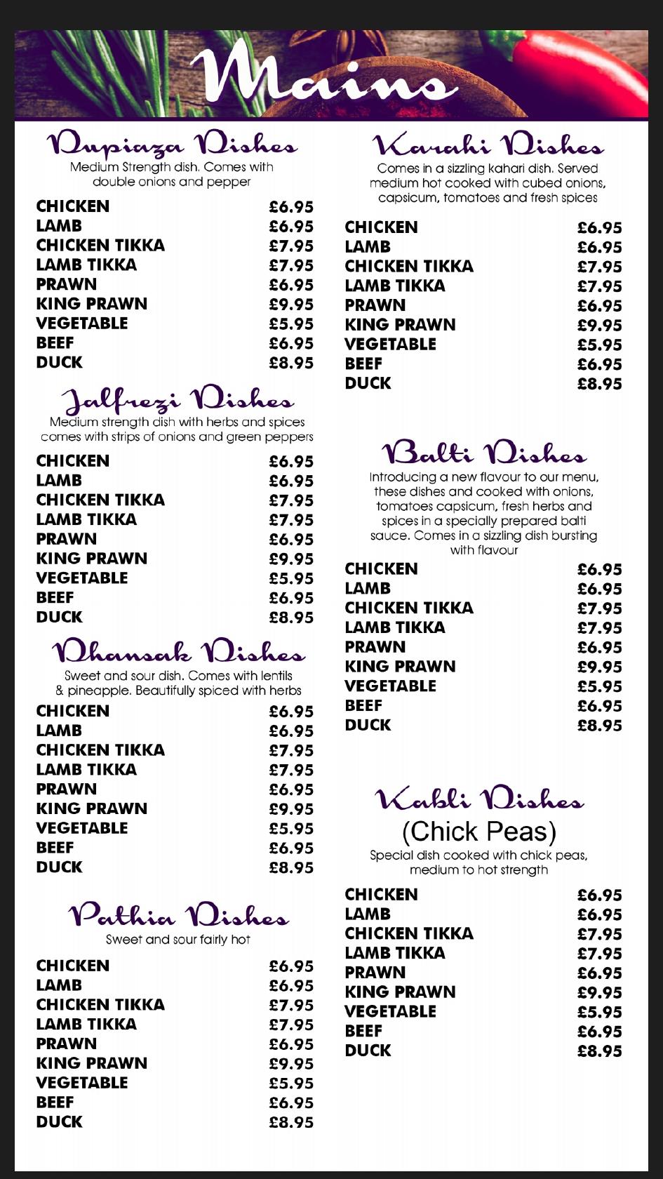 Menu at Spices restaurant, Hartlepool