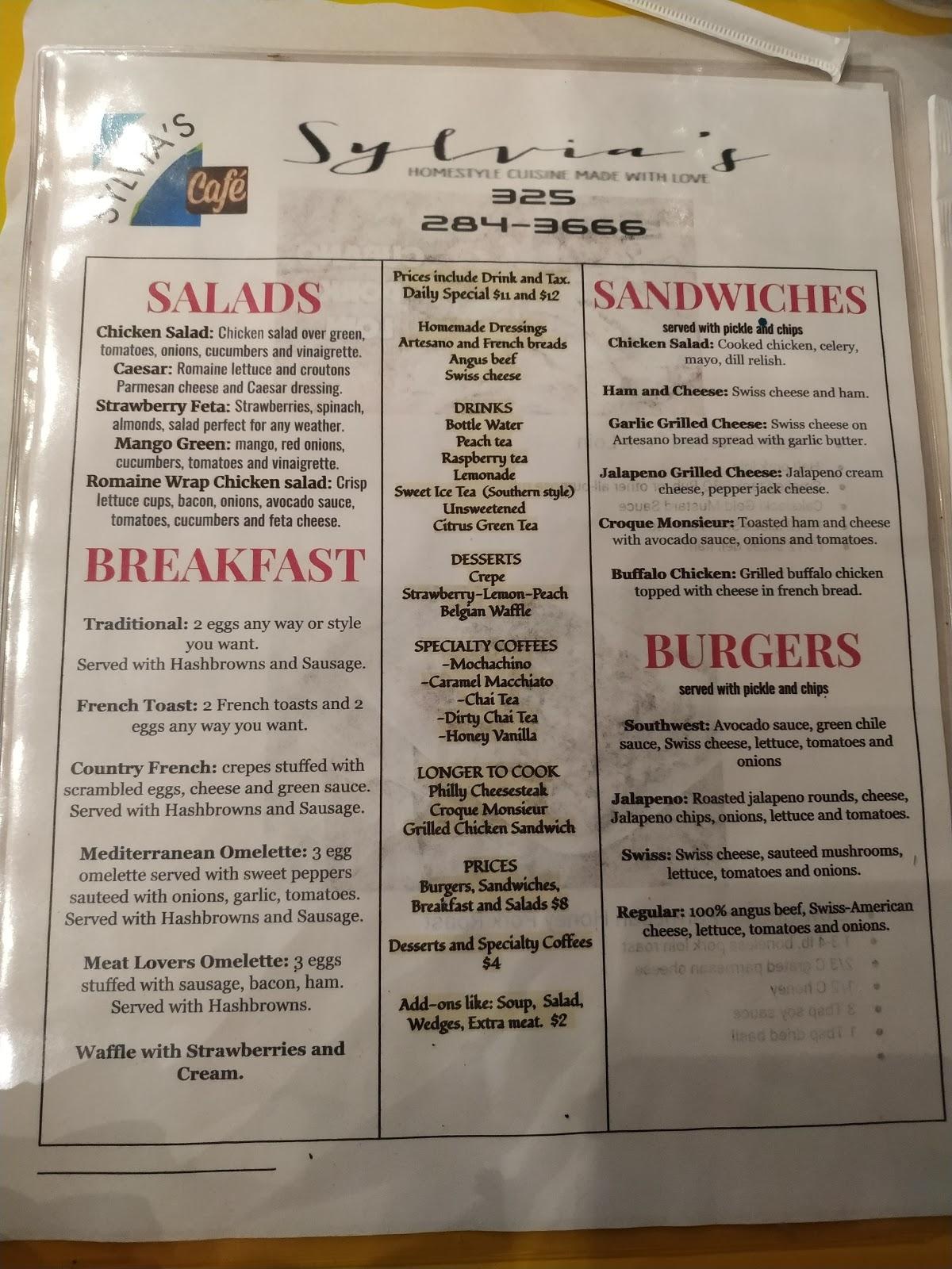 Menu at Sylvia's Grands Amis restaurant, Ballinger