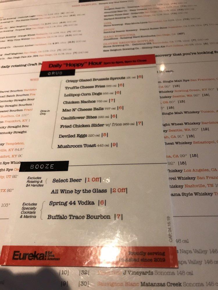 Menu at Eureka! restaurant, Carlsbad