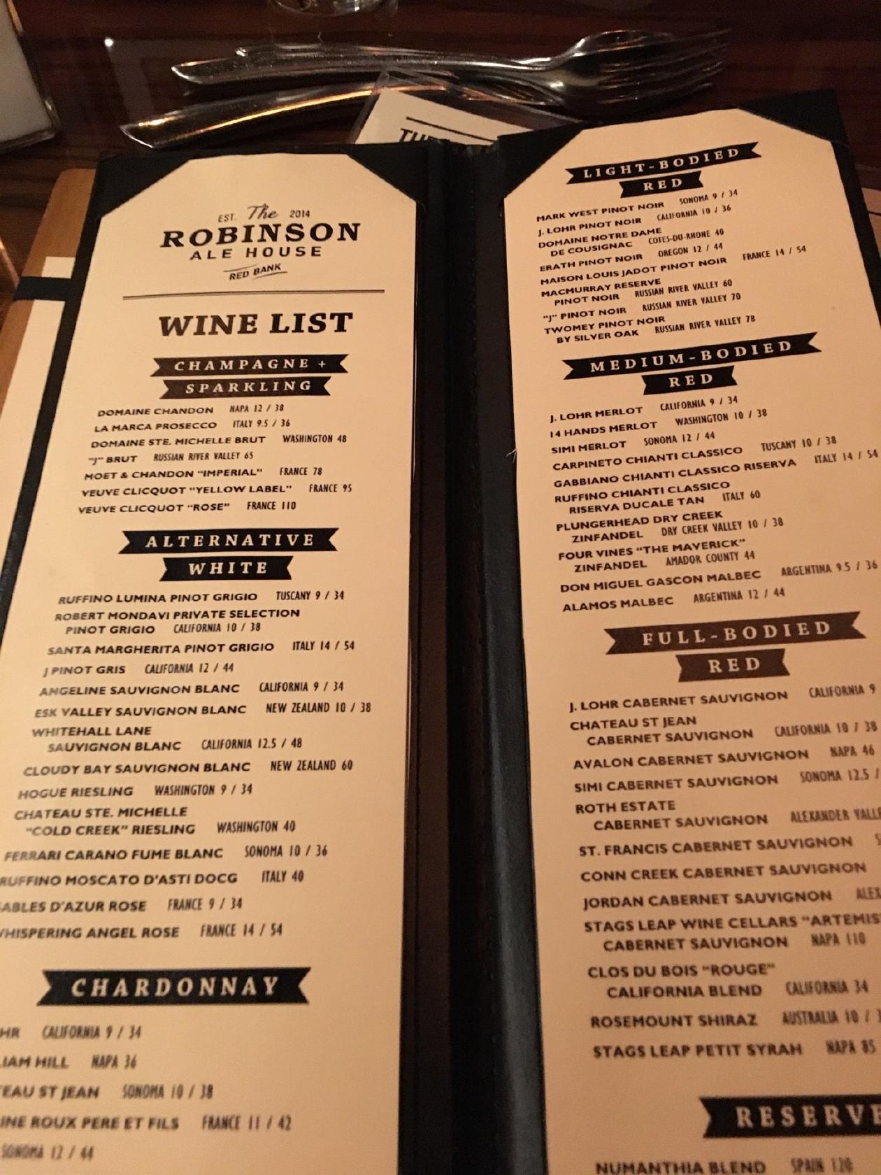 Menu at The Robinson Ale House pub & bar, Red Bank