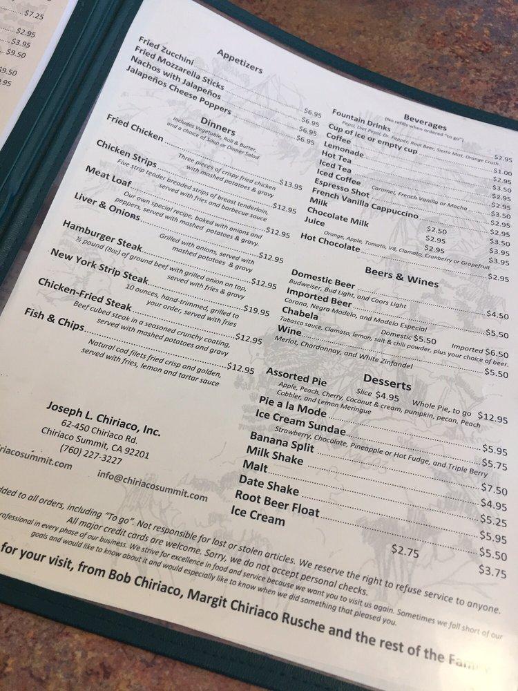 Menu at Chiriaco Summit Restaurant, Chiriaco Summit