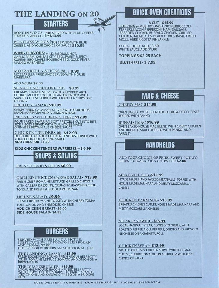 Menu at The Landing On 20 pub & bar, Duanesburg