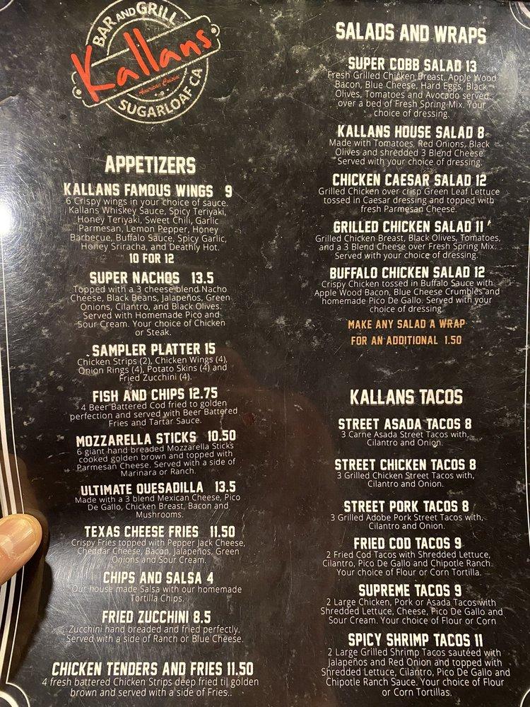 Menu at Kallans Bar And Grill, Big Bear