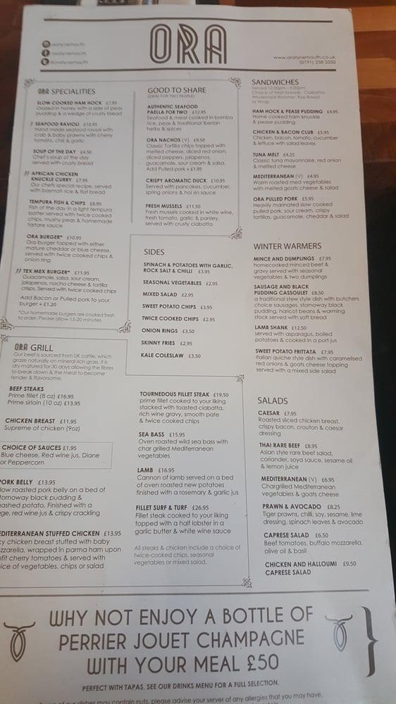Menu at Ora restaurant, Tynemouth