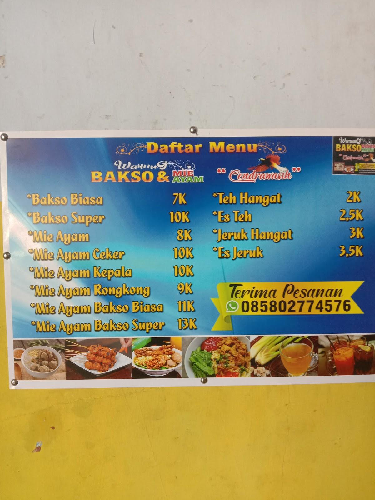 Menu At Bakso Dan Mie Ayam Cendrawasih Restaurant Pekalongan Jl Urip