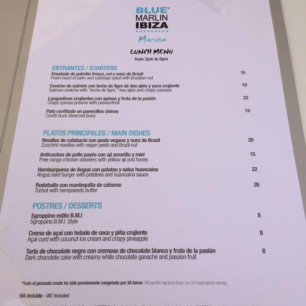 Carta del club Blue Marlin Ibiza, Formentera