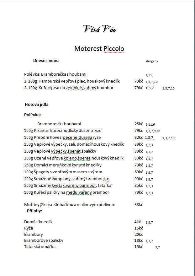 Menu at Motorest Piccolo restaurant, Hradec Kralove
