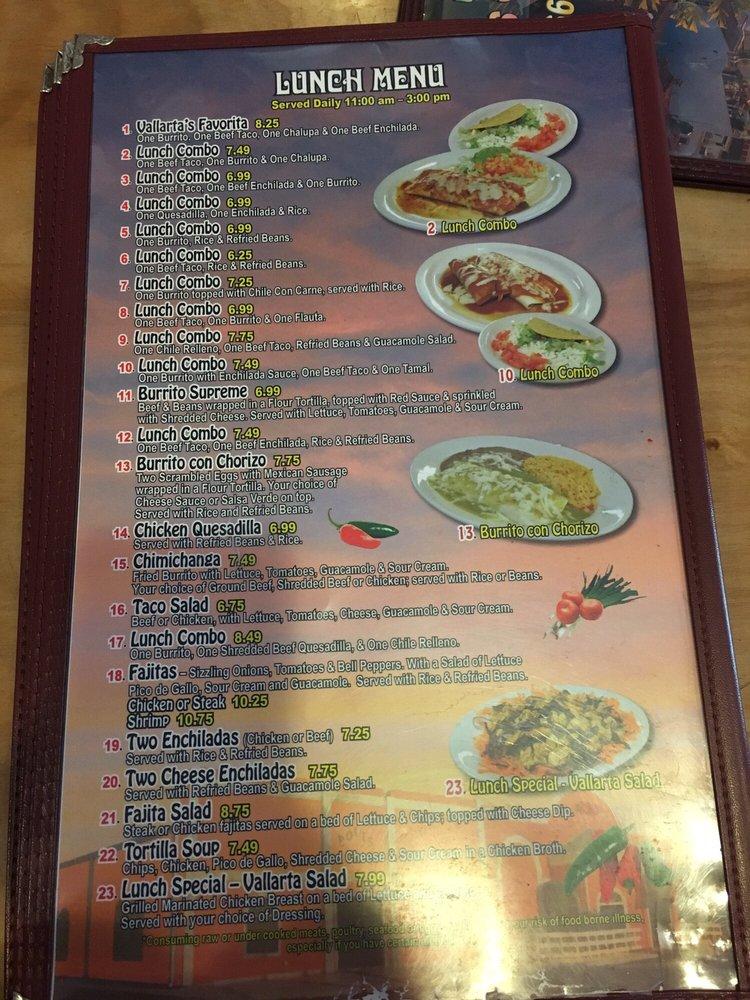 Menu at Vallarta Mexican Restaurant, Foley