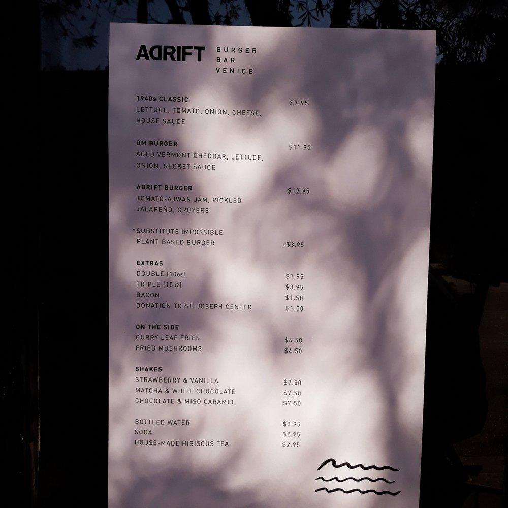 Menu at Adrift Burger Bar, Culver City